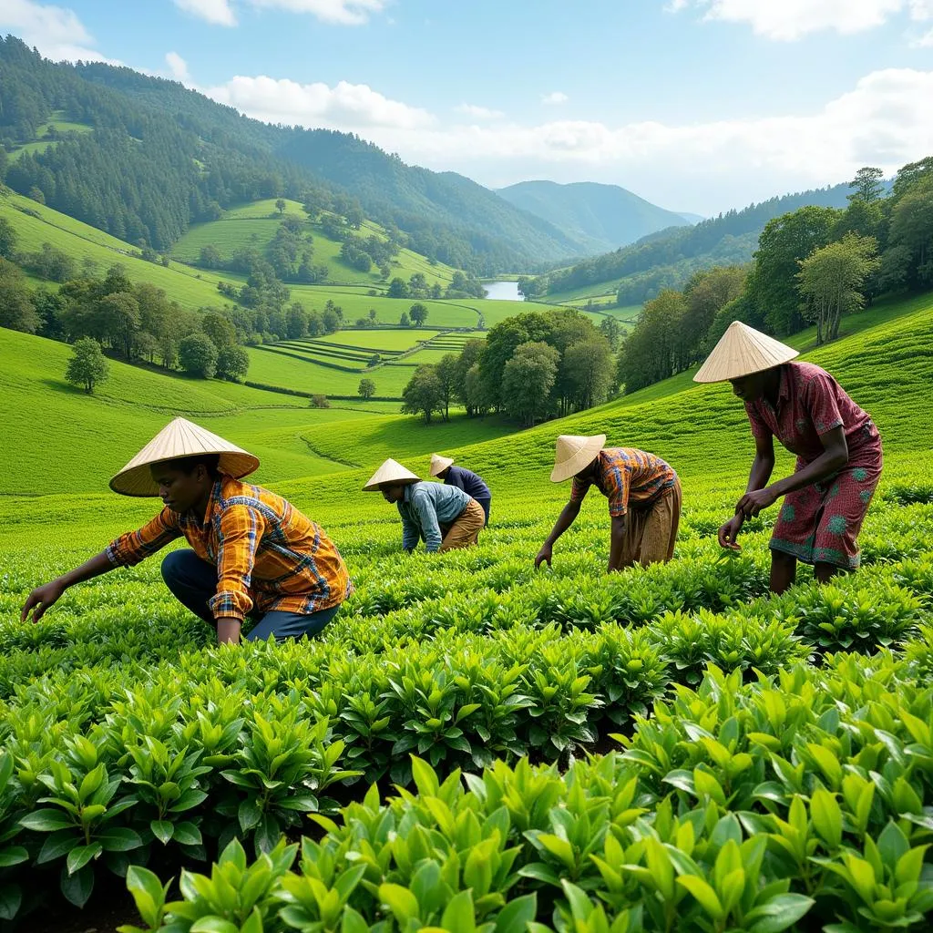 African Farmers Harvesting Tea Leaves