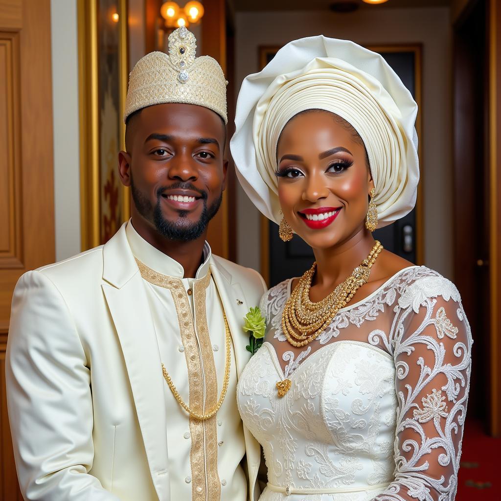 Bride and groom with colorful fascinators