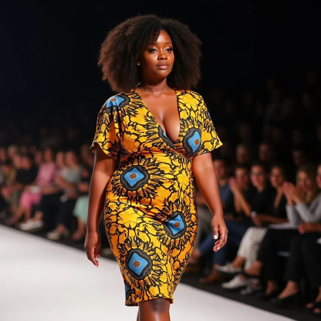 A confident African model walks the runway in a vibrant dress during an African fashion show