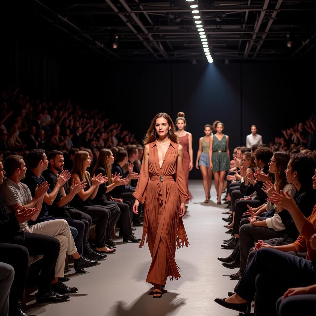 Designers and models taking a bow at the finale of an African fashion show, bathed in celebratory lights.