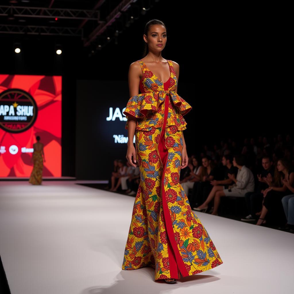 Model walks the runway in a flowing colorful gown during an African fashion show