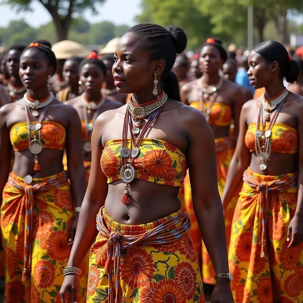 Women in Traditional African Skirts at a Ceremony