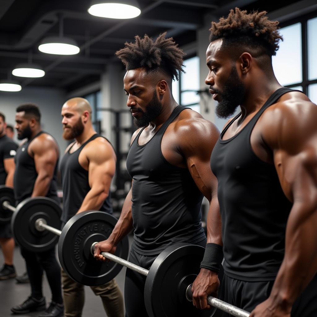 African Fat Bodybuilders Training Together in a Gym