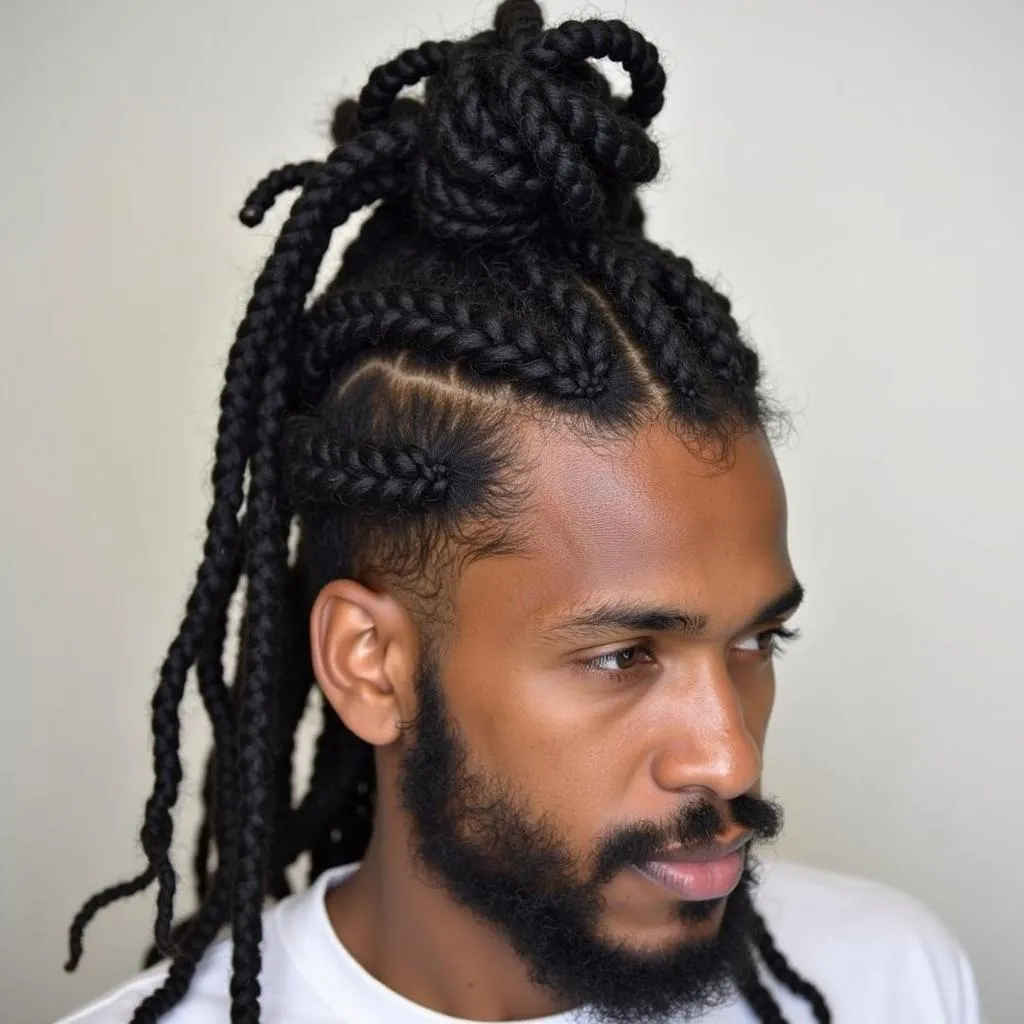 A man with dreadlocks and a half-up bun