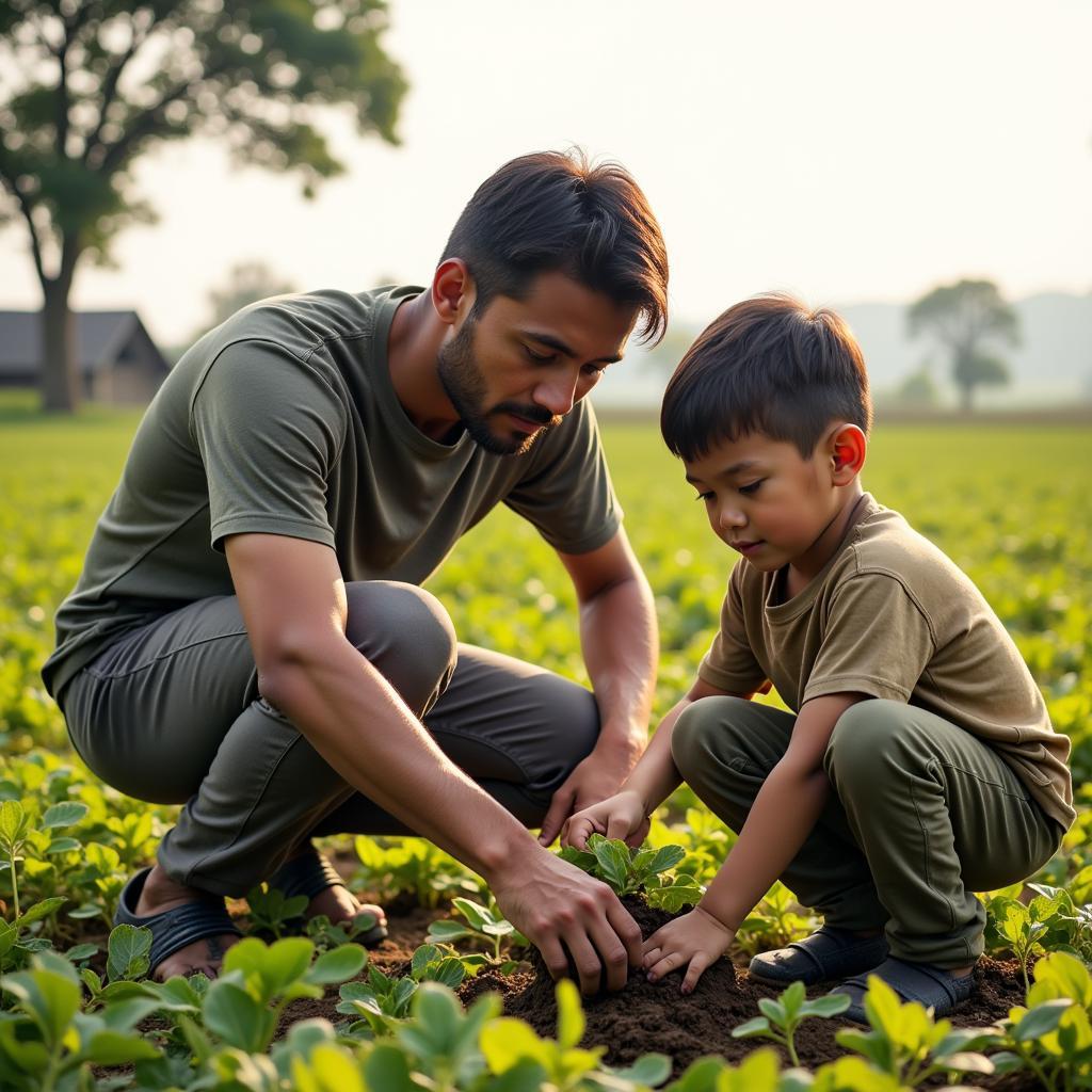 African Father Teaching Son Farming Skills