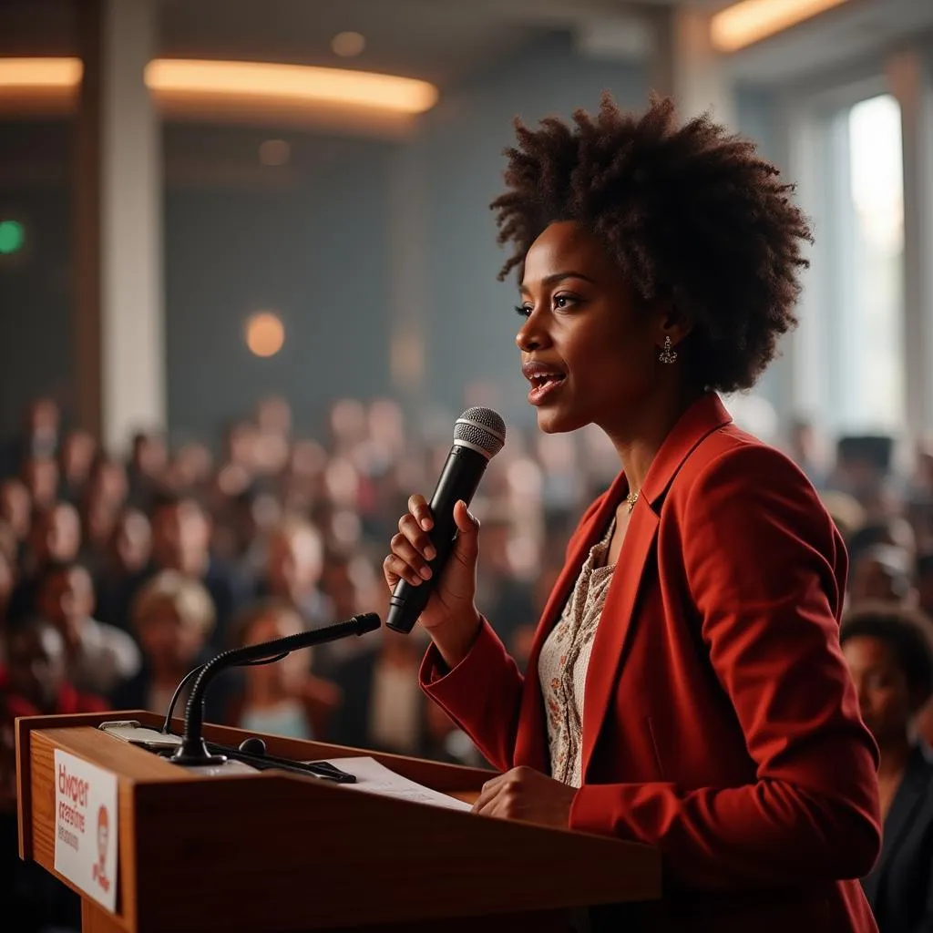 An African female activist giving a speech