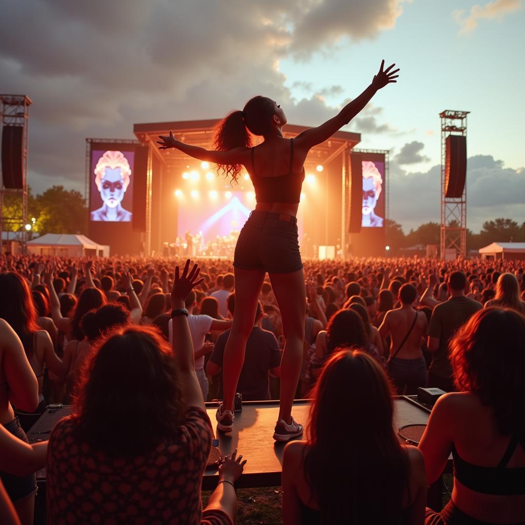 An African female singer performing at a music festival with a large crowd