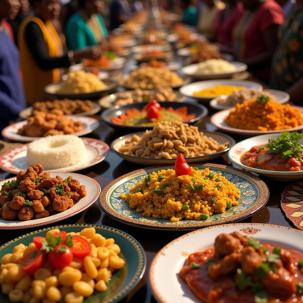 A variety of traditional African dishes at a festival