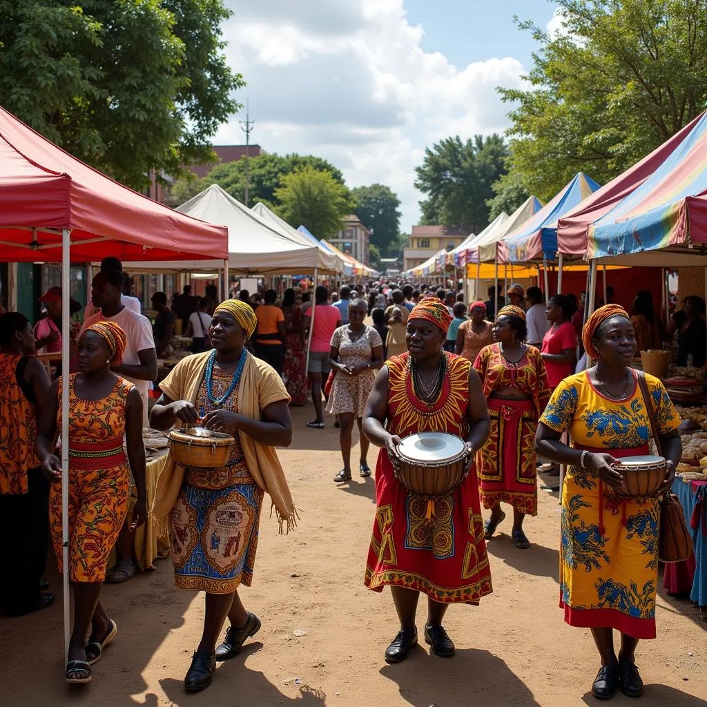 Festival scene with music, food stalls, and crafts