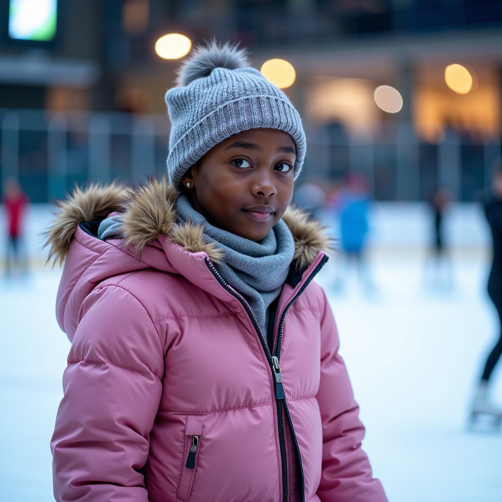 Young African girl practicing figure skating on the ice