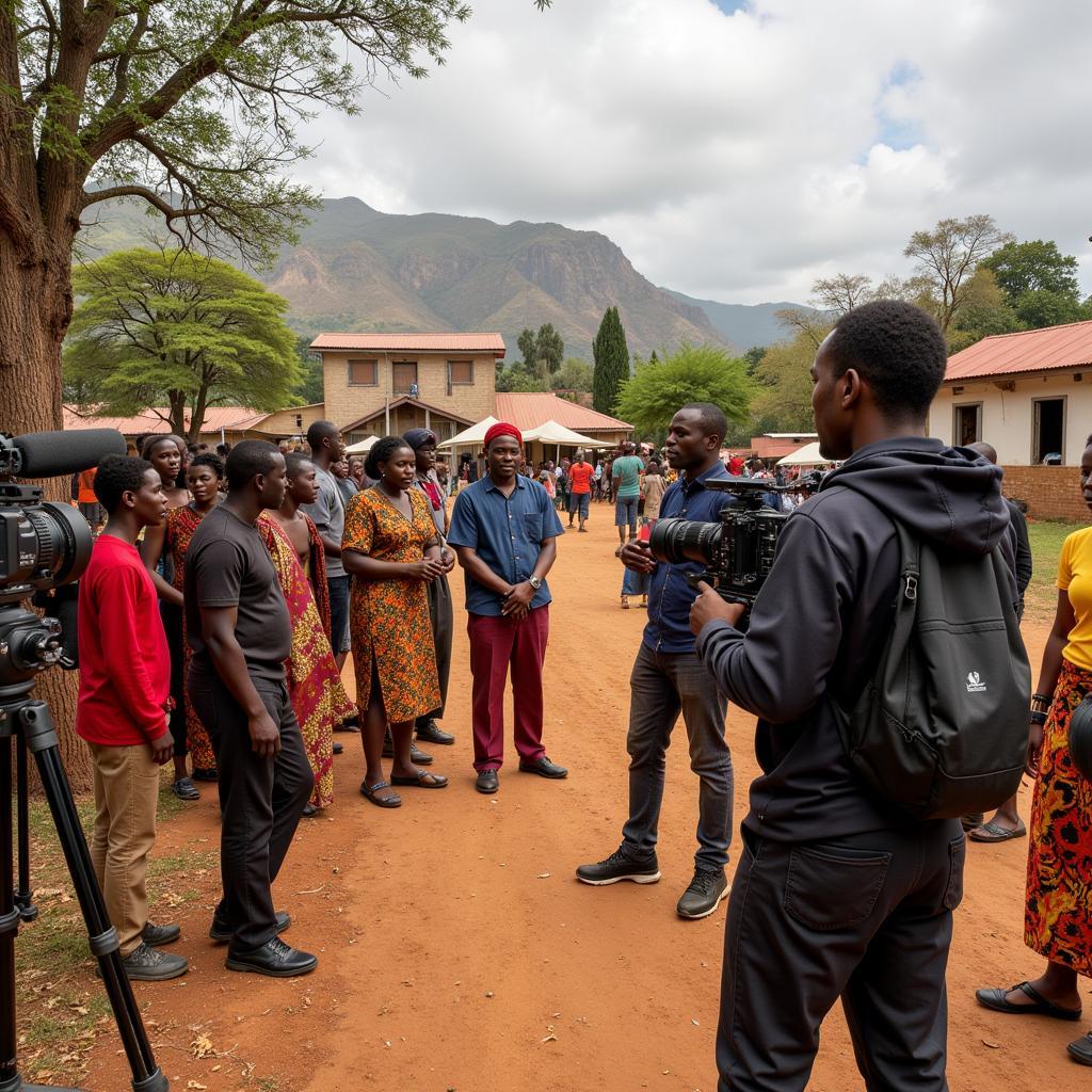 A dynamic film crew on set in Africa capturing a vibrant scene