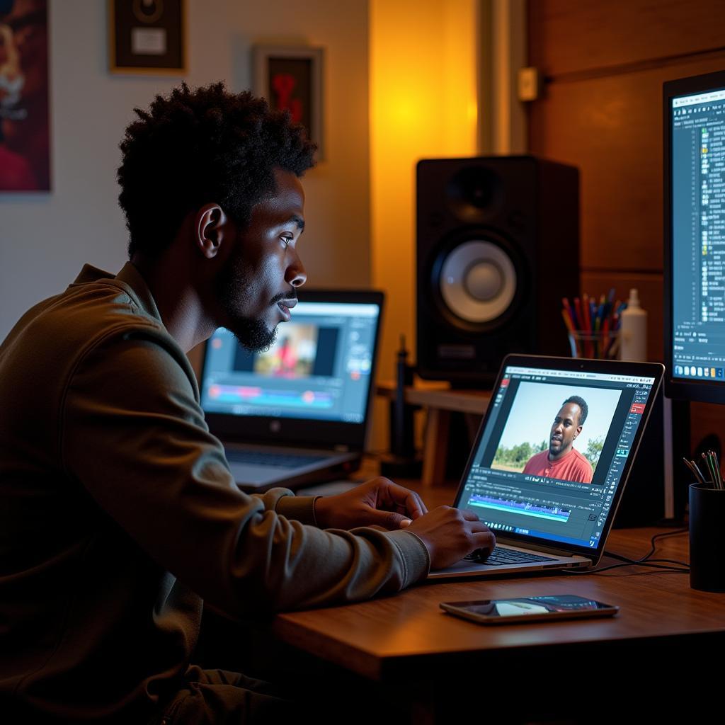 An African filmmaker editing a movie on a laptop showcasing digital advancements in the industry