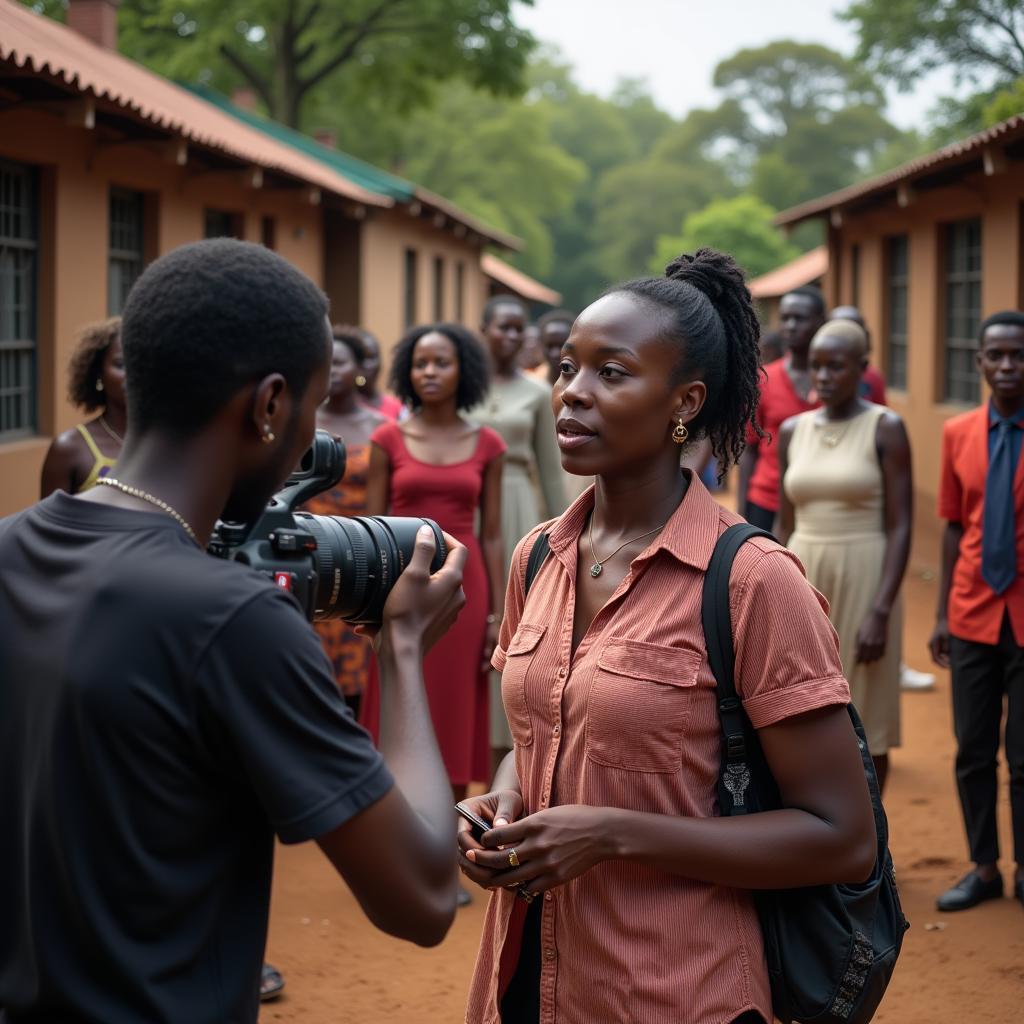 A group of African filmmakers collaborating intensely on a movie set