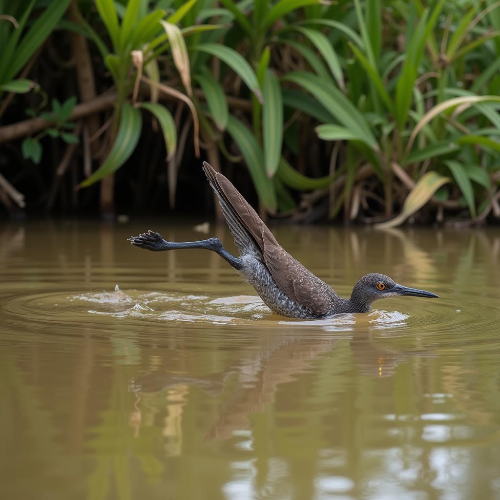 African Finfoot Diving for Prey