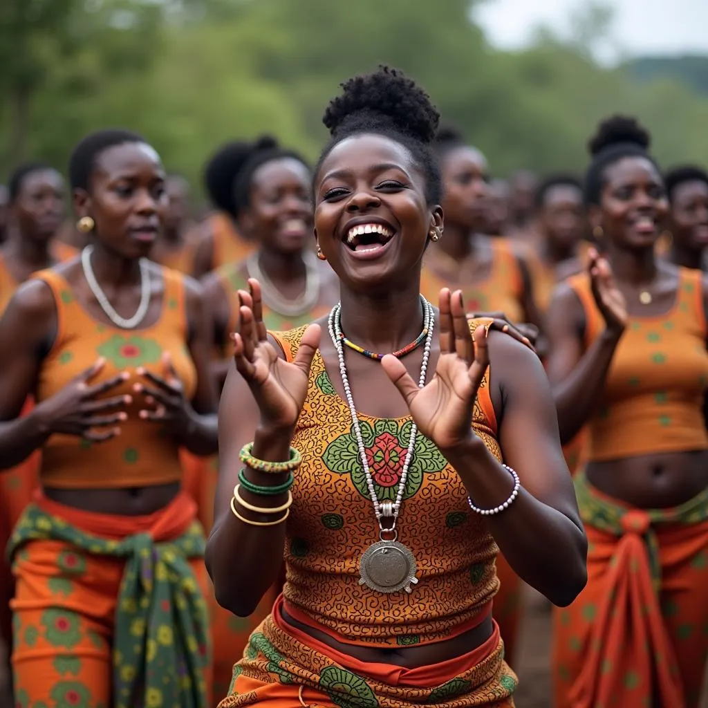 Group of people performing a traditional dance with rhythmic finger snapping.