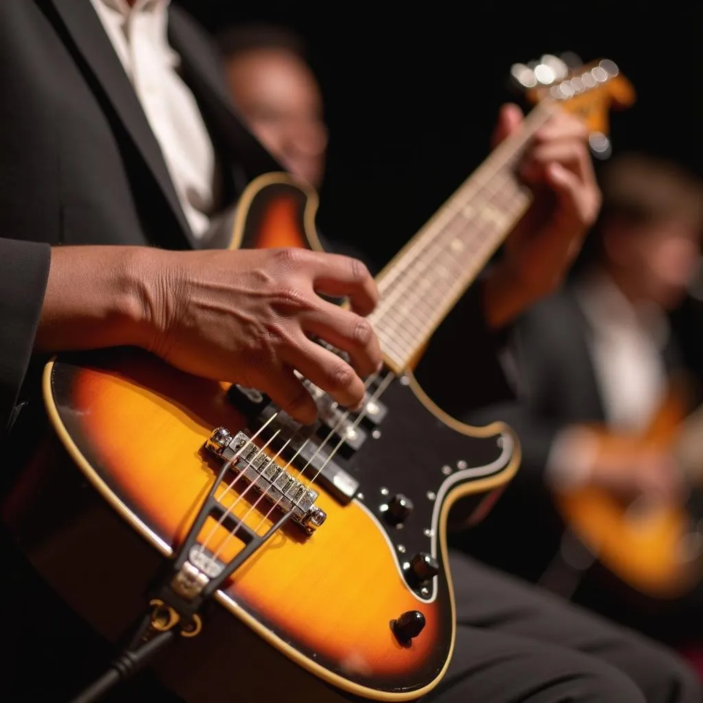 A musician performing with a band, showcasing rhythmic finger snapping.