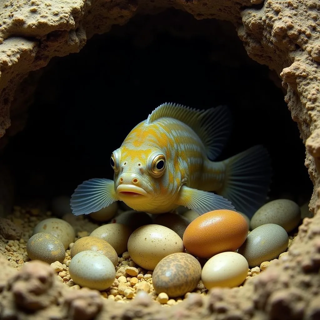 An African fire jewel cichlid female diligently guarding her eggs in a cave