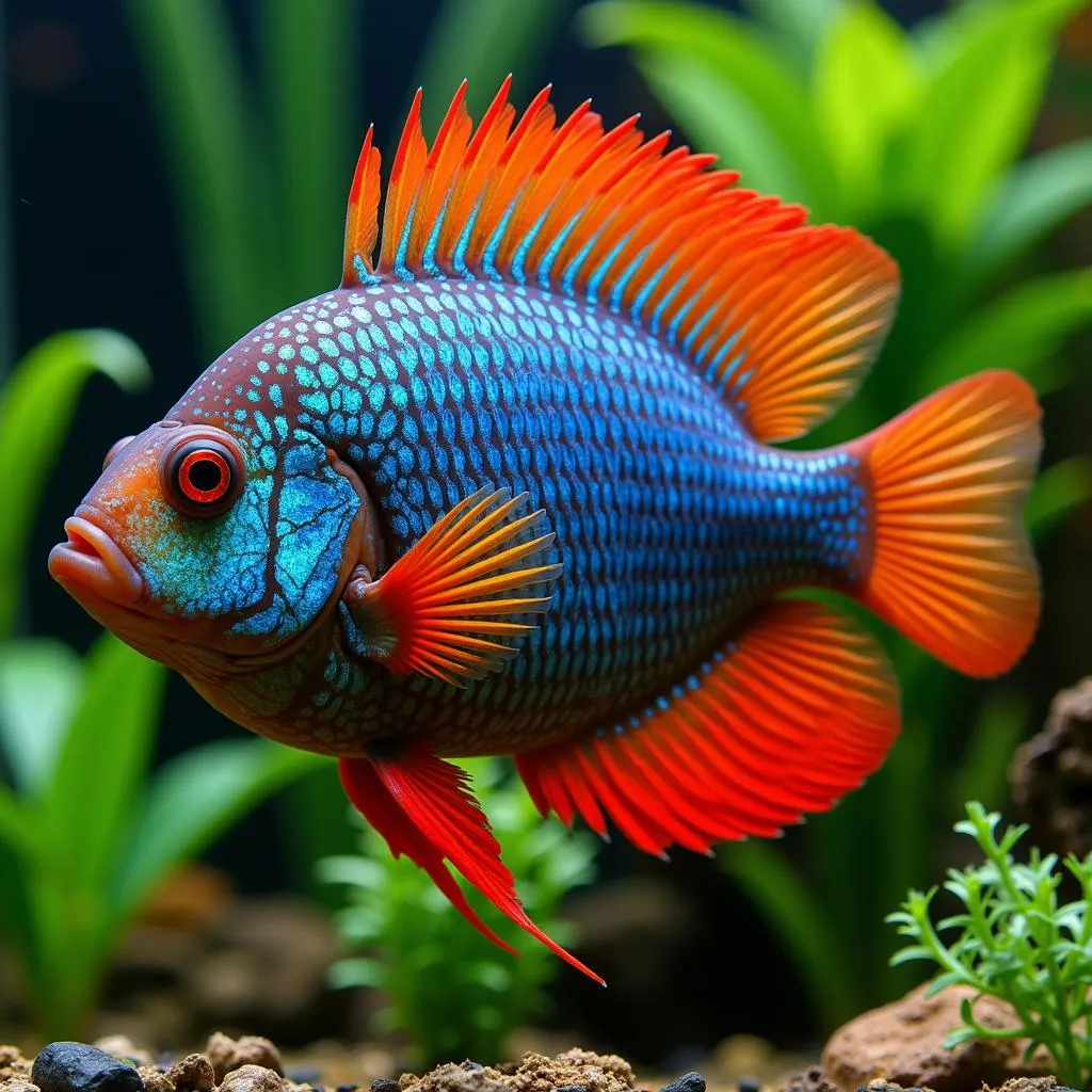 Male African fire jewel cichlid with extended fins displaying vibrant colors