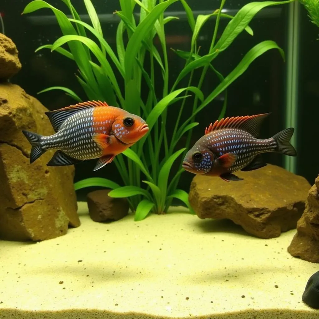 A pair of African fire jewel cichlids in a spacious community tank