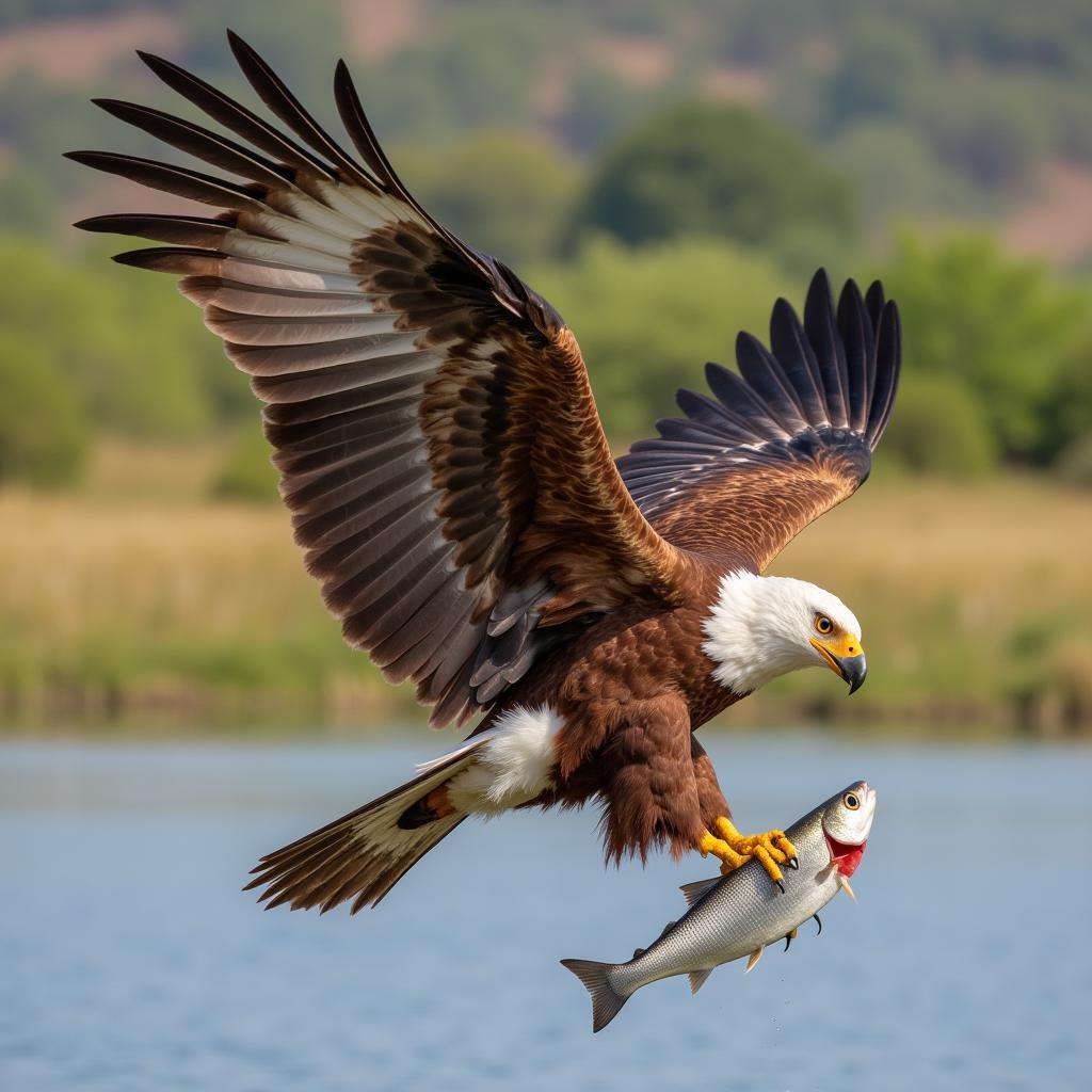 An African Fish Eagle pulling a fish out of the water