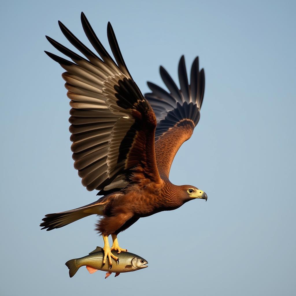 African fish eagle in flight, talons gripping a fish