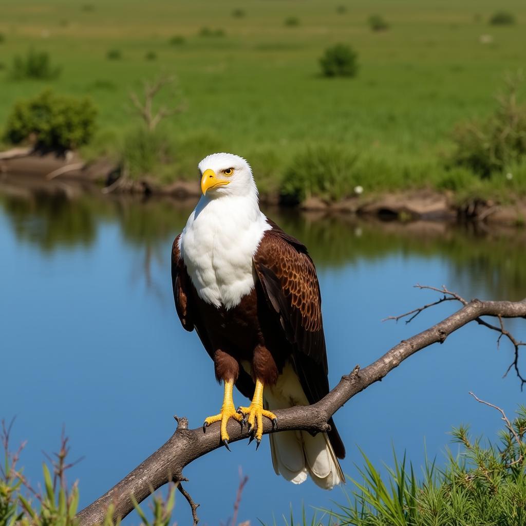 African Fish Eagle Perched on Branch Overlooking Water