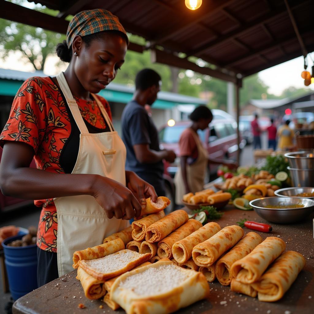 African fish roll street food vendor preparing delicious snacks