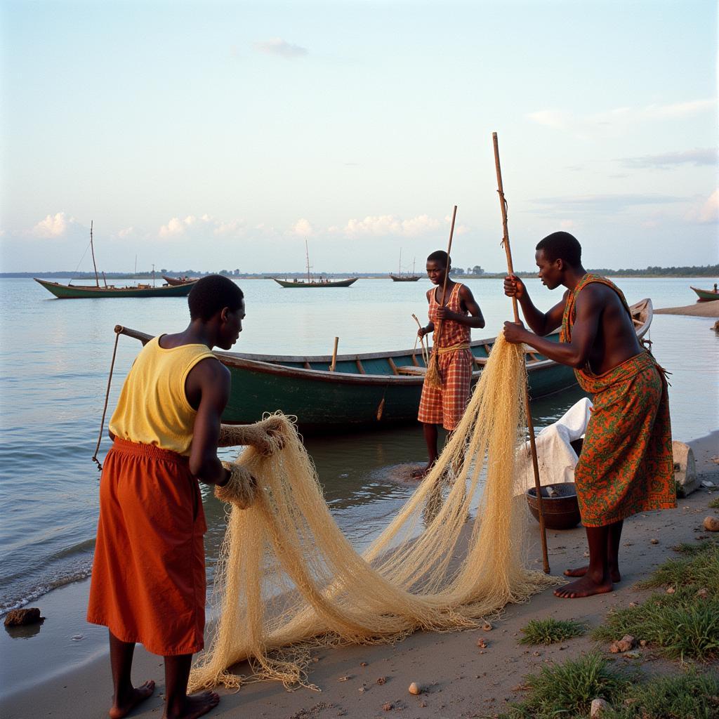 African fishermen preparing nets on Lake Victoria