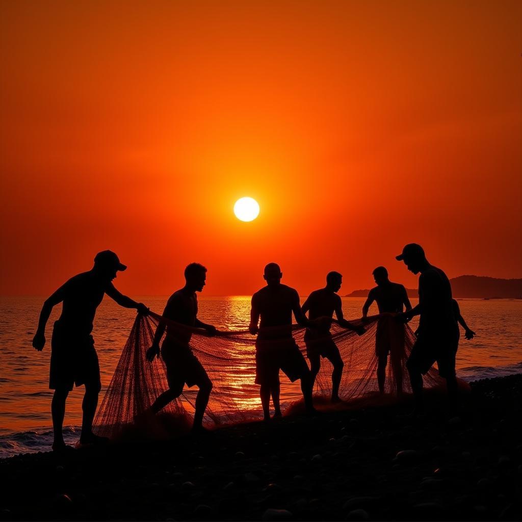 Fishermen Pulling Nets at Sunset