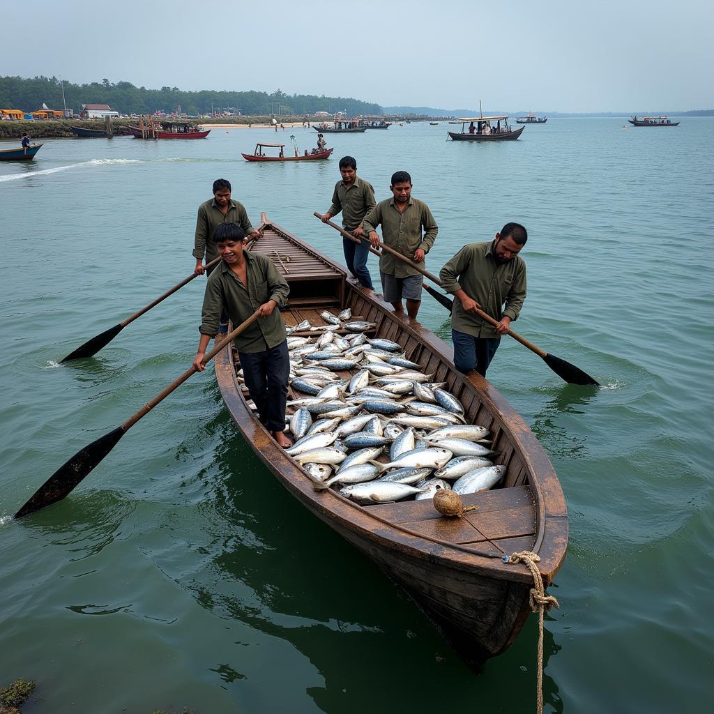 African fishermen returning with their catch