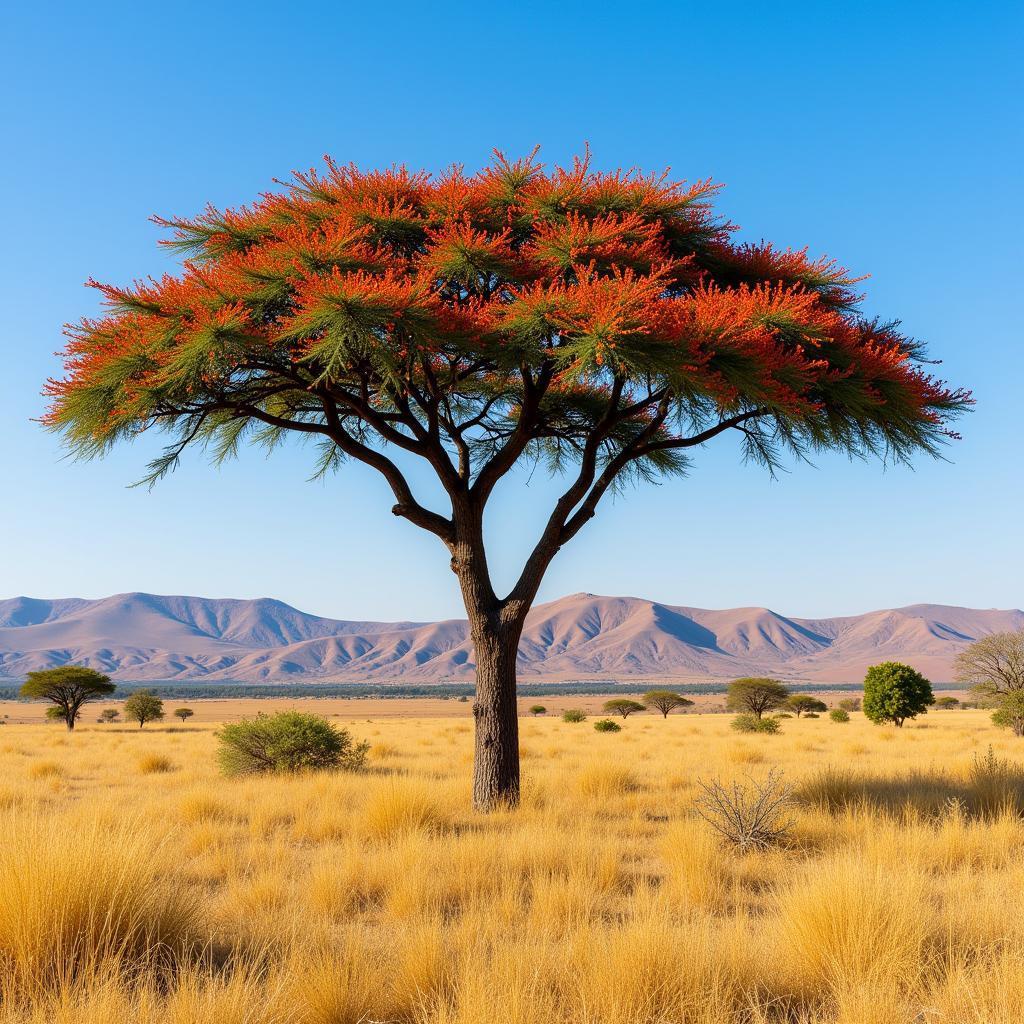 African flame tree in full bloom against a savanna landscape