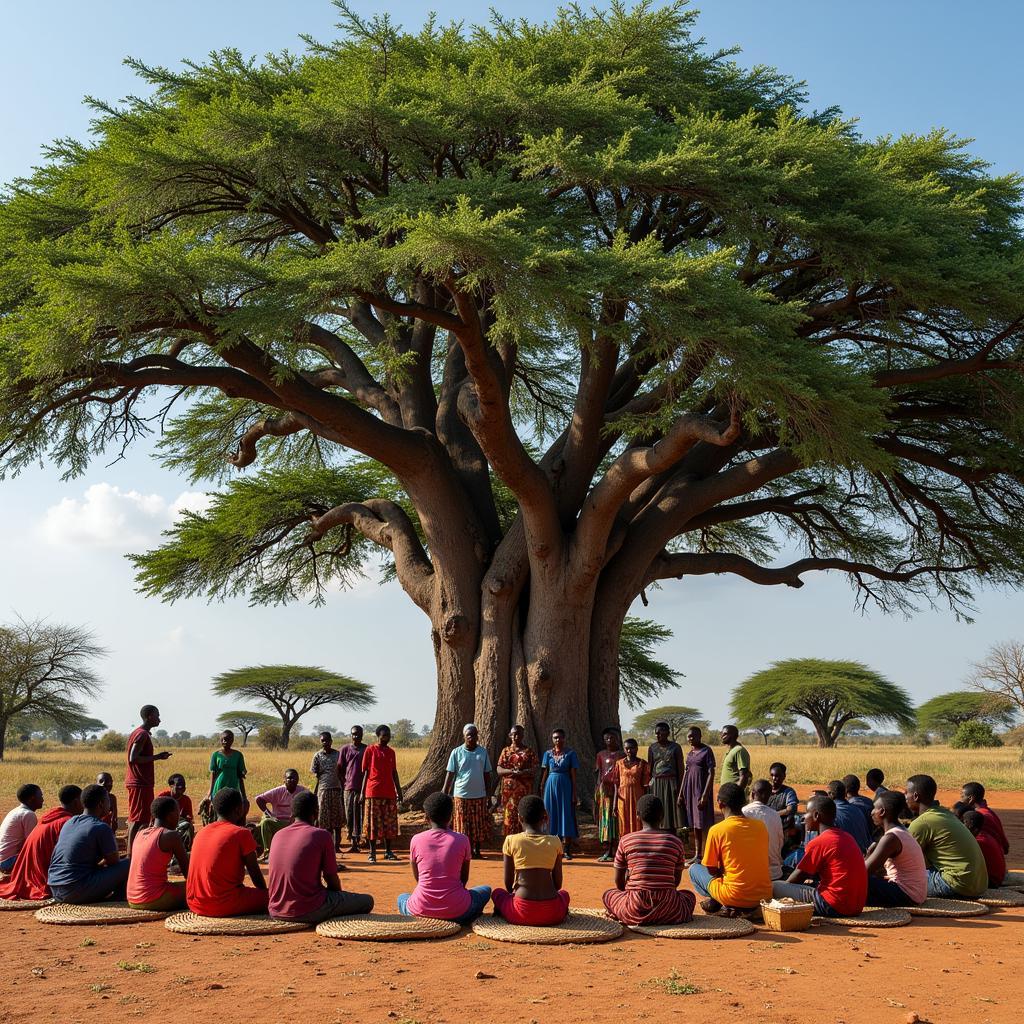 African flame tree at the heart of a village gathering