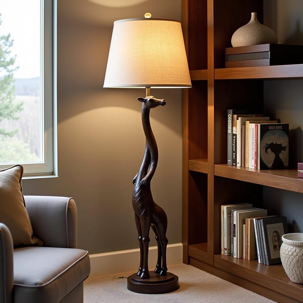 African Floor Lamp with Carved Wooden Base