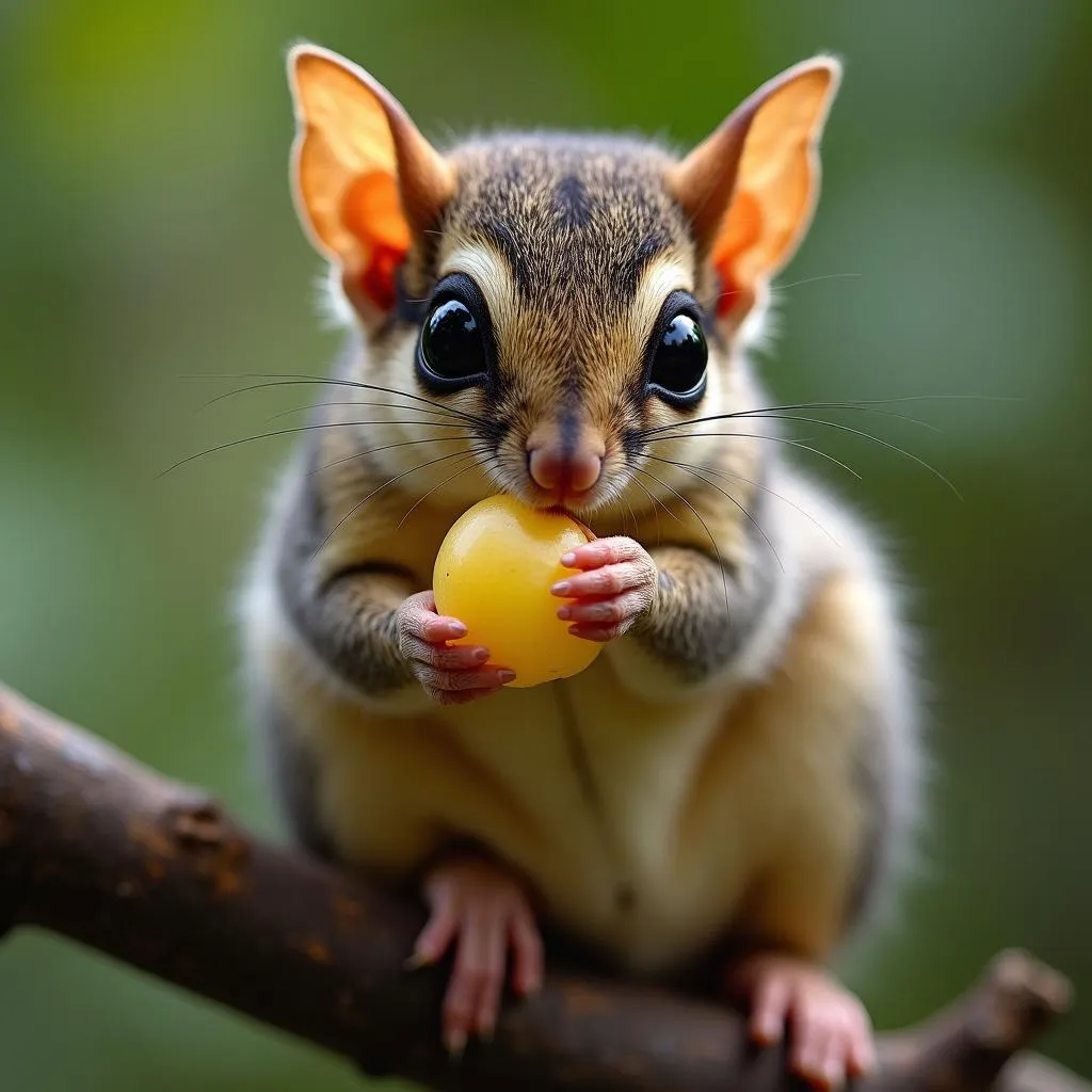 African flying squirrel eating fruit on a tree branch