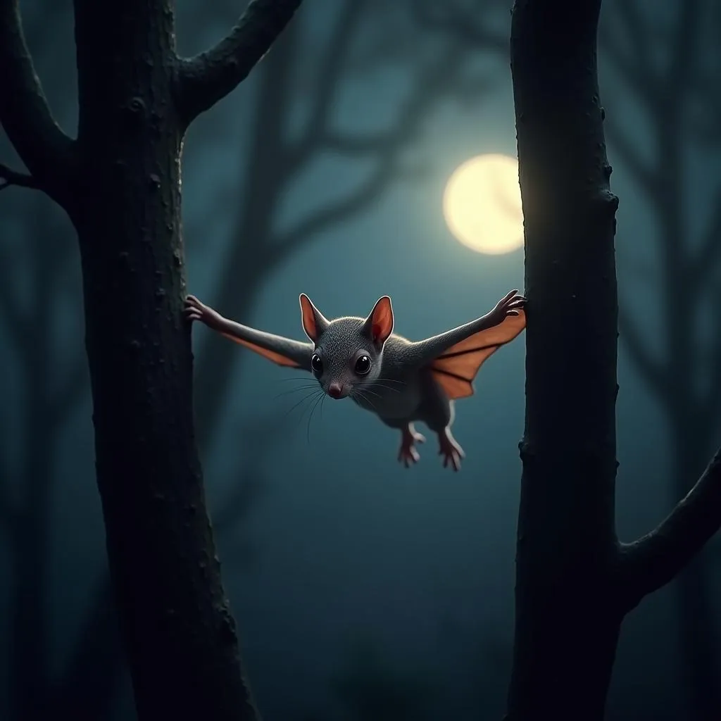 African flying squirrel gliding between trees at night