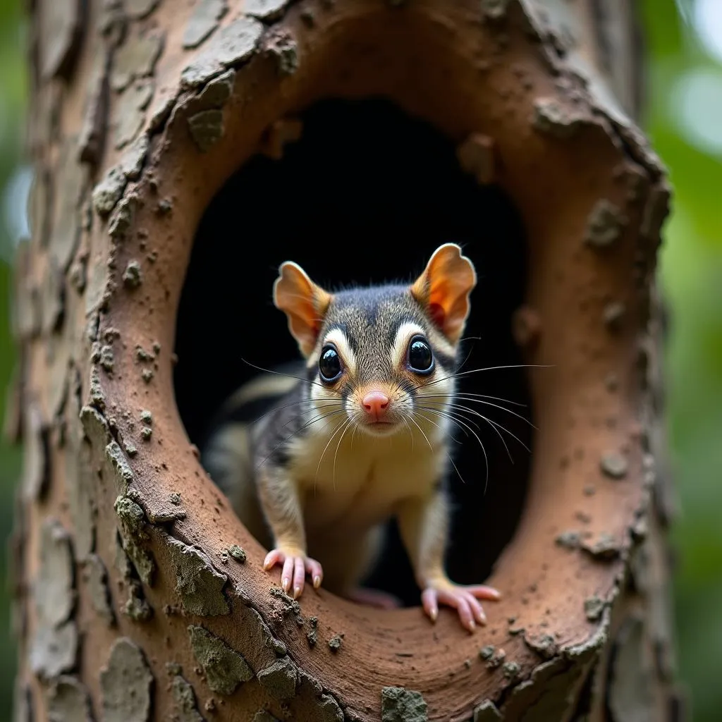 African flying squirrel peeking out of its nest in a tree hollow