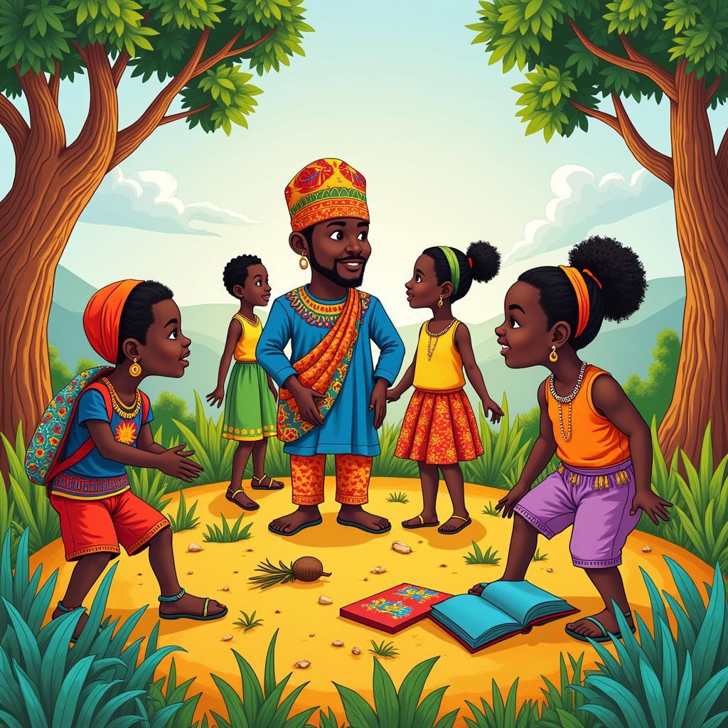 Children's book illustration depicting a vibrant African folktale scene