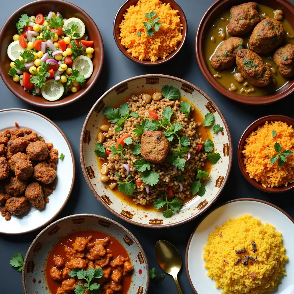 A table spread with a variety of African dishes