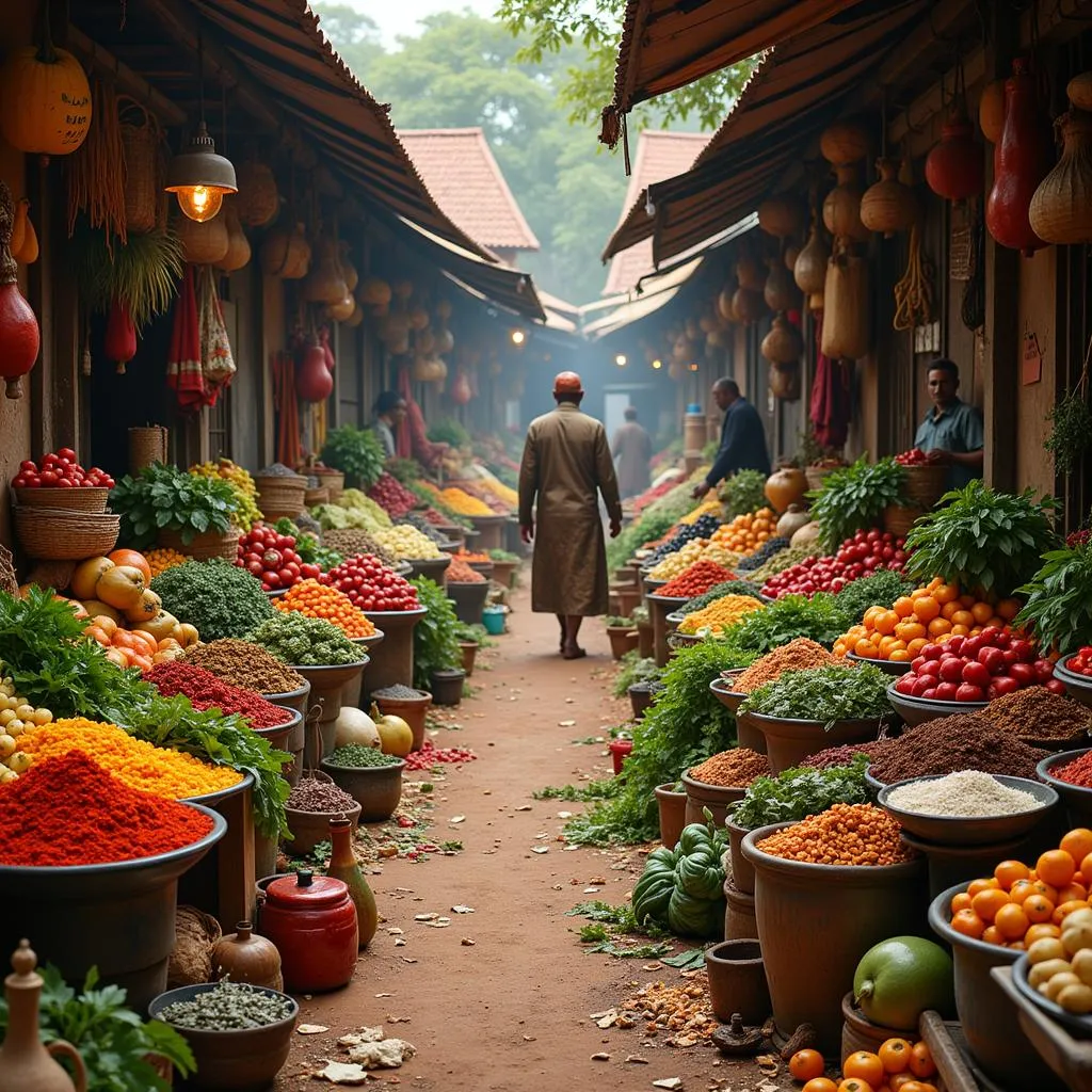 A vibrant display of colorful fruits, vegetables, and spices in an African market.