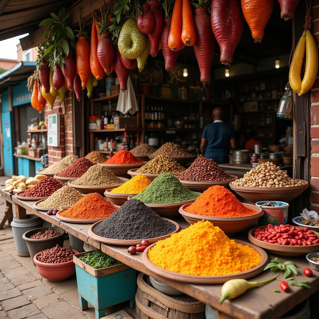 Colorful display of spices and produce in African market