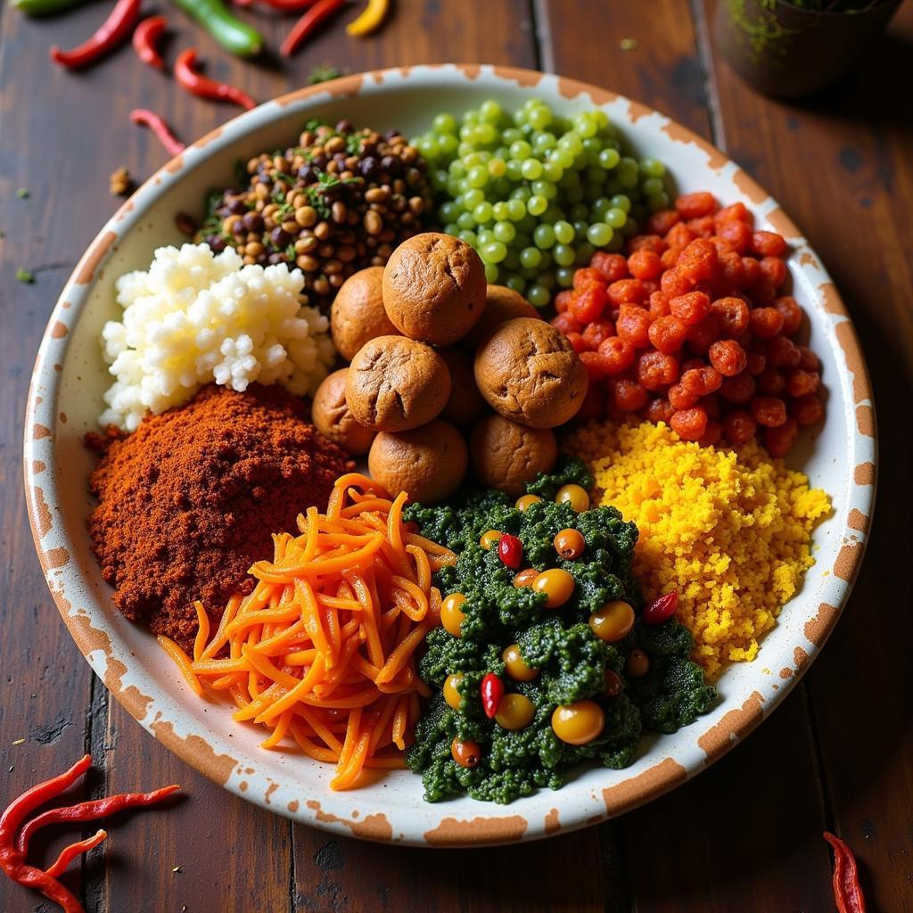 A colorful platter of African food with spices