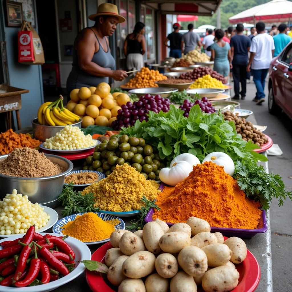 Vibrant display of African-inspired food at a market in Trinidad