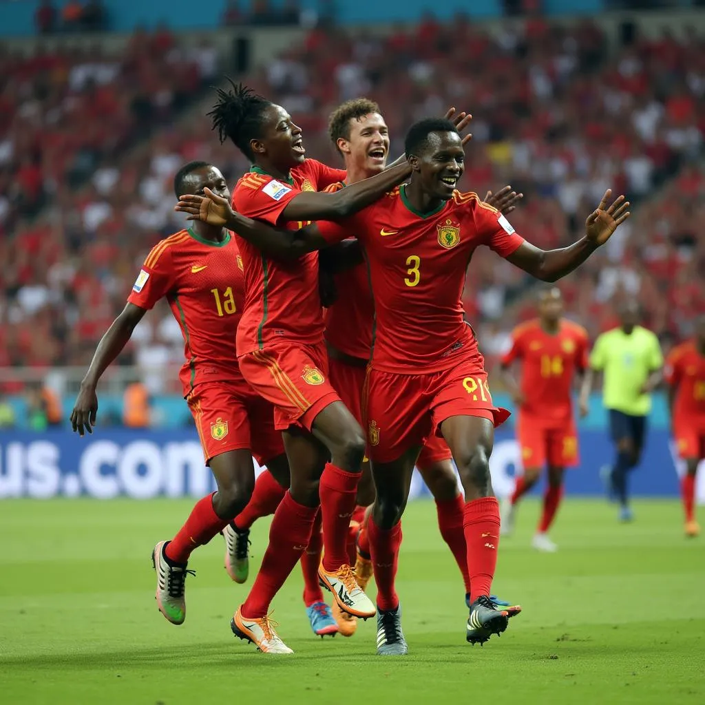 African footballer celebrating a goal with teammates during FIFA World Cup qualifier