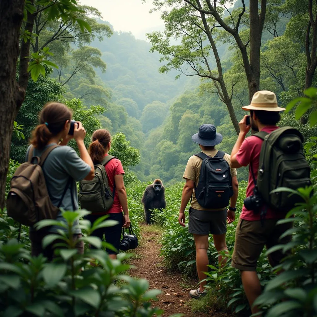 A group of tourists observing a family of gorillas in their natural habitat