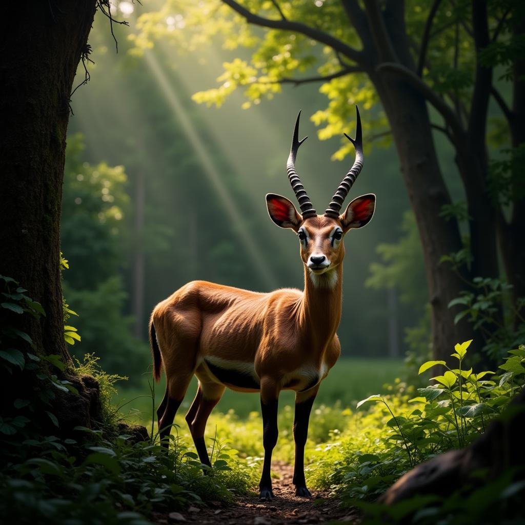 An antelope camouflaged in the African forest