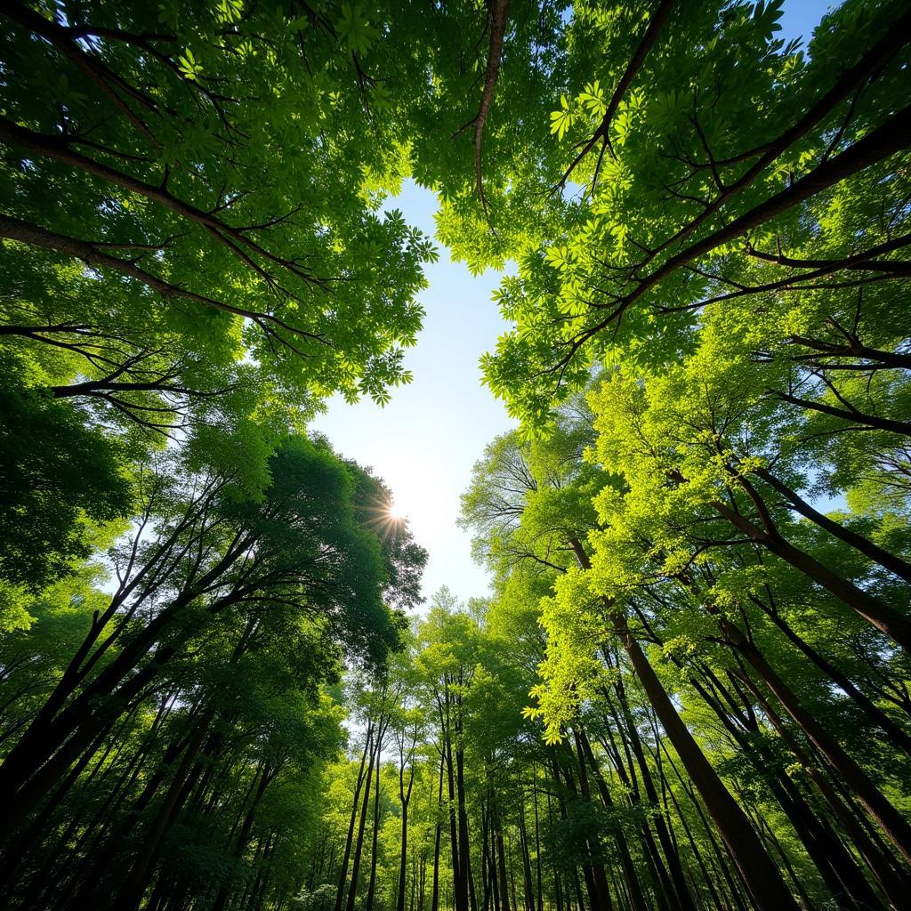 Sunlight Filtering Through Dense African Forest Canopy