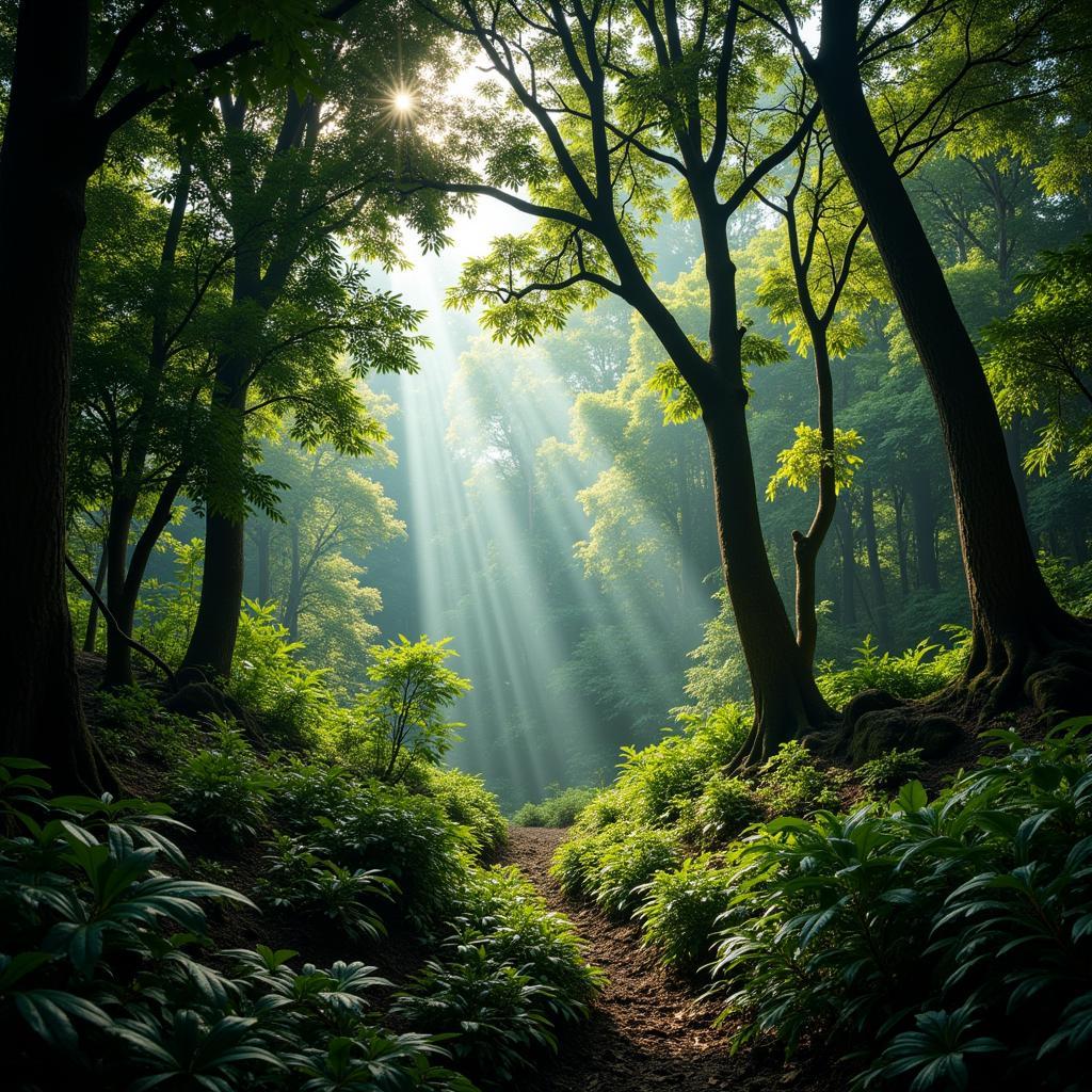 Sunlight Filtering Through Dense African Forest Canopy