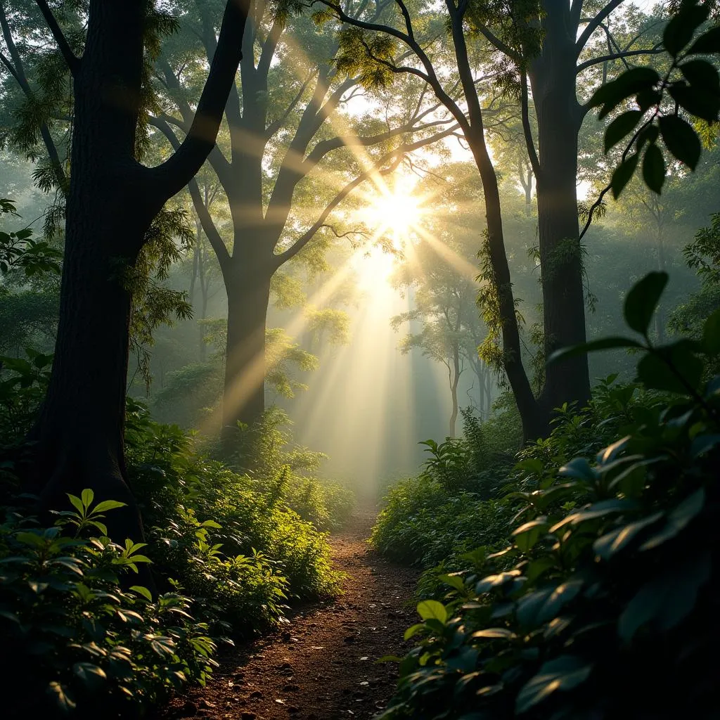 Sunlight filtering through a dense African forest canopy