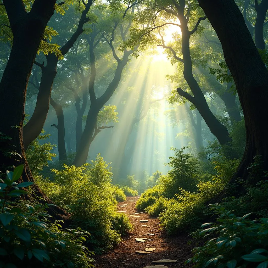 Sunlight filtering through the dense canopy of an African forest