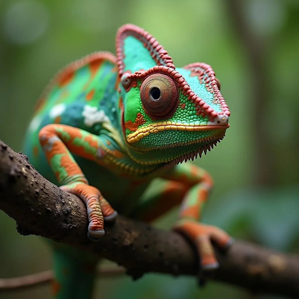 An African chameleon camouflaged against a tree branch